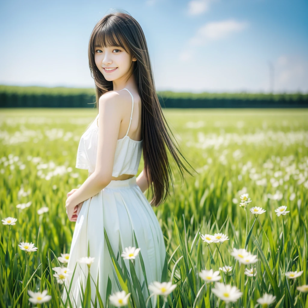 masterpiece, best quality, Ultra-high resolution, detailed illustration, portrait, detailed, 1 girl standing in a wheat field, Solitary, Long hair, skirt, flower, White Hanfu, Smile, whole body, white flower, Bare shoulders, very Long hair, Light green hair, Shut up, For the audience, Bangs,standing, blurred background,