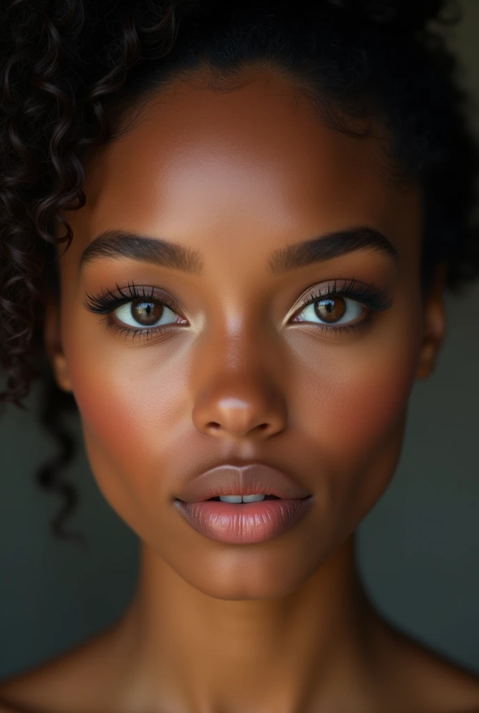 raw, realistic photo, Frontal close-up of 1 beautiful woman, of (2), American Nationality, black hair color, long afro curly hair tied up, Big Eyes, light brown eye color, small nose, perfect mouth with extremely full lips , natural face, naughty, excited and sensual face, texture and depth of highly detailed and hyper-realistic mulatto skin, superior quality, high resolution 8k uhd.
