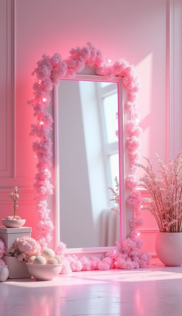 Imagine a vertical mirror with pink lighting and decoration in a dream room but in front view and nothing in front of mirror
