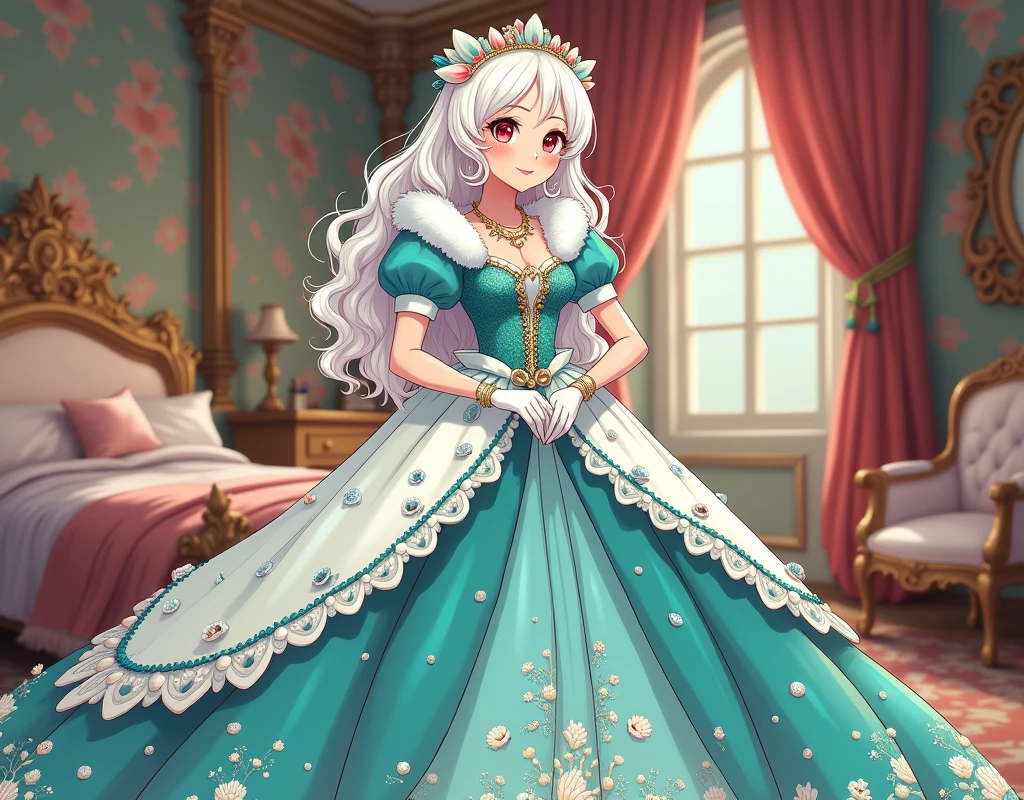 (best quality,4k,8k,highres,masterpiece:1.2), ultra-detailed, Pretty albino girl has a princess, drawn in 2D anime style, steampunk, wearing a iridescent turquoise and white princess gown with puffy sleeves, steampunk, gorgeous frilly dress design,flowing gown, elaborate lace details,rich textures,contrast stitching,delicate ribbon bows, fish scales pattern, seashells embroidery, full skirt,short sleeves,fitted waistline,flared cuffs,lace-up back,luxurious fabrics,flawless silhouette, long curly white hair and red eyes, white fur, smiling, mouse ears and tail, ribboned high heels, white elbow evening gloves, gold bracelets, tiara made of seashells, beautifully detailed lips with lipstick, long eyelashes, eyeshadow, seashell necklace, in a castle bedroom with intricate decoration and luxurious furniture, flower wallpaper, she is happily checking her new princess dress.