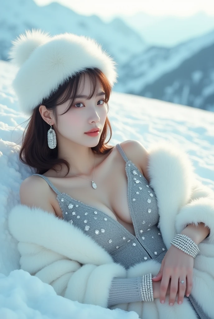 a Korean woman with short brown thin hair with bangs, she is wearing a white fur hat and laying in the snow, studio snow mountains in background, appearance like kpop, gray top with suspending diamonds, gray foil on top of white fur skirt, white furry boots, tiffany jewels, top laced with rhinestones, ice queen, pale snow, furry white earrings, chanel golden bracelet, high detail, 8k,korean girl, prominent features of her face like (idol) kpop, profesional photo