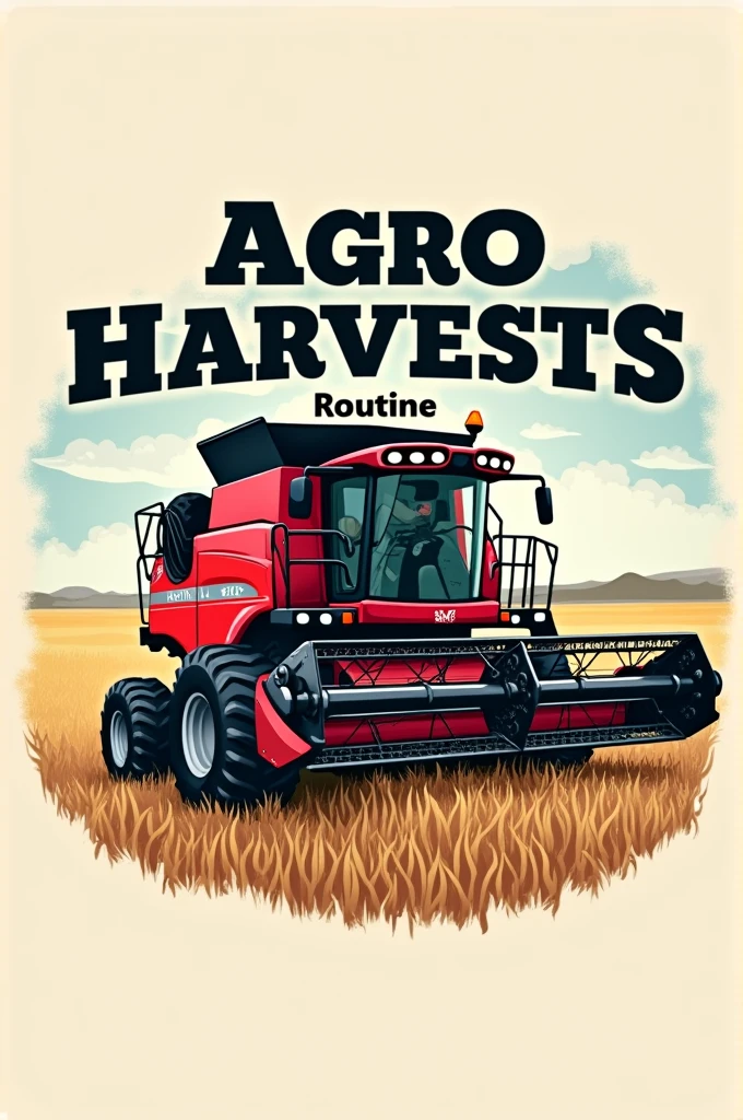 Create a logo with writing: Agro Harvests Routine and a Massey Ferguson combine harvesting dry soybeans