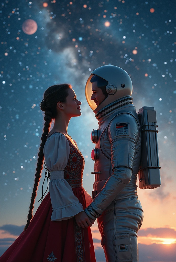 (photorealism:1.2), A couple in love stands and looks at the starry sky. The girl is dressed in a Russian folk costume with a long braid. The guy is standing in a spacesuit. They are looking at the sky