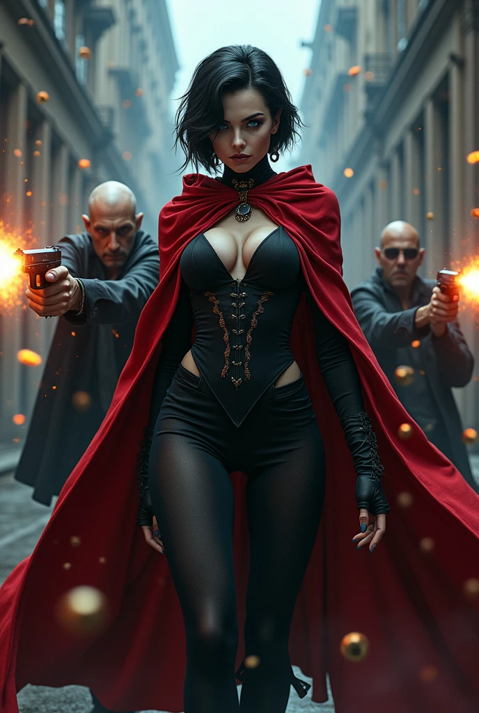 Beautiful undead gothic vampire girl with short dark hair and blue eyes, big red cape and big butts, musculada fitness,super huge , Waders, BBW ,very high, She protects her 60-year-old human master behind her as a shield. , and some gangsters shoot thousands of bullets at him, making many bullet holes in the vampire and the crushed bullets fall to the ground and many collide with bright flashes on his steel body