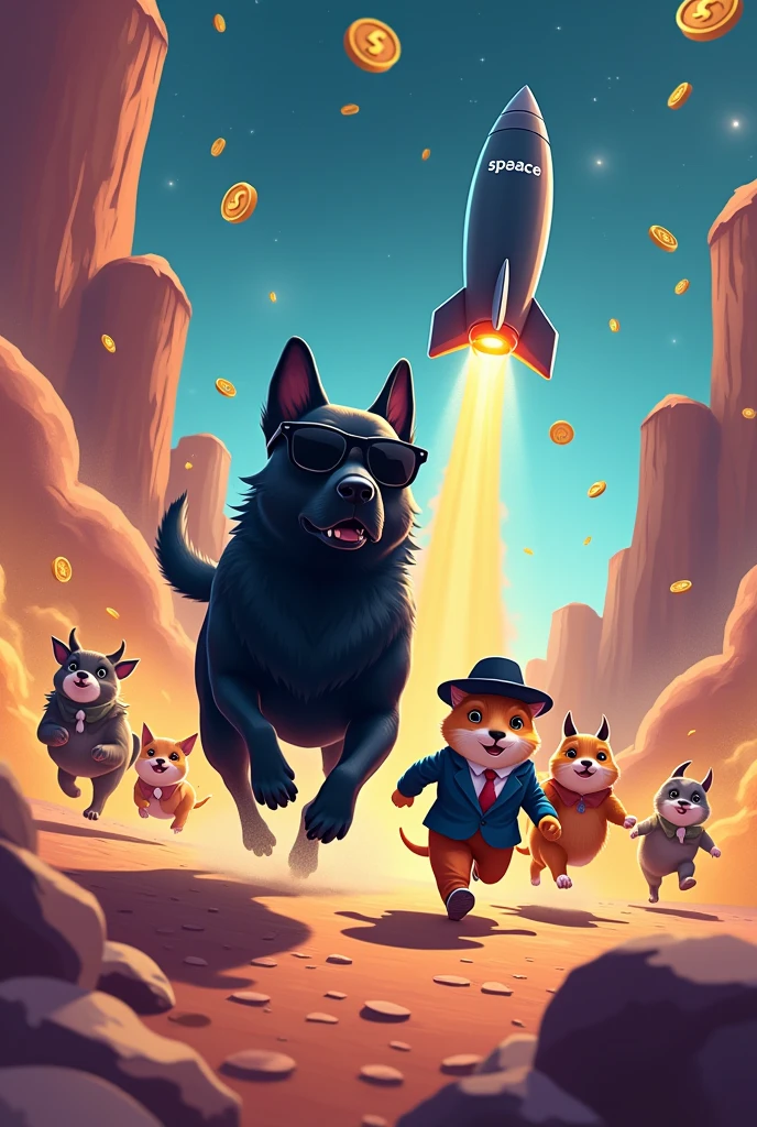 I want to make a meme symbolizing the competition between crypto- currencies and airdrops . There is meme coin, pixels, memfi, cats, goats, frogs, hamster combat , tonix and dogs . Now there is Space arena that I want it to be the one going fast than the others . Use their logos to make this meme. The dog should be behind all the others an look big with black sunglasses then a hamster with a black suit sunglasses and a hat next to dog and then you can have gold coins falling in airdrop bags from the ship as it goes up leaving dust on the ground . Make the dog big and black. The spaceship cute dark blue colour and write the name SPAACE on it . Let the animals run make the hamster bigger than the cat .