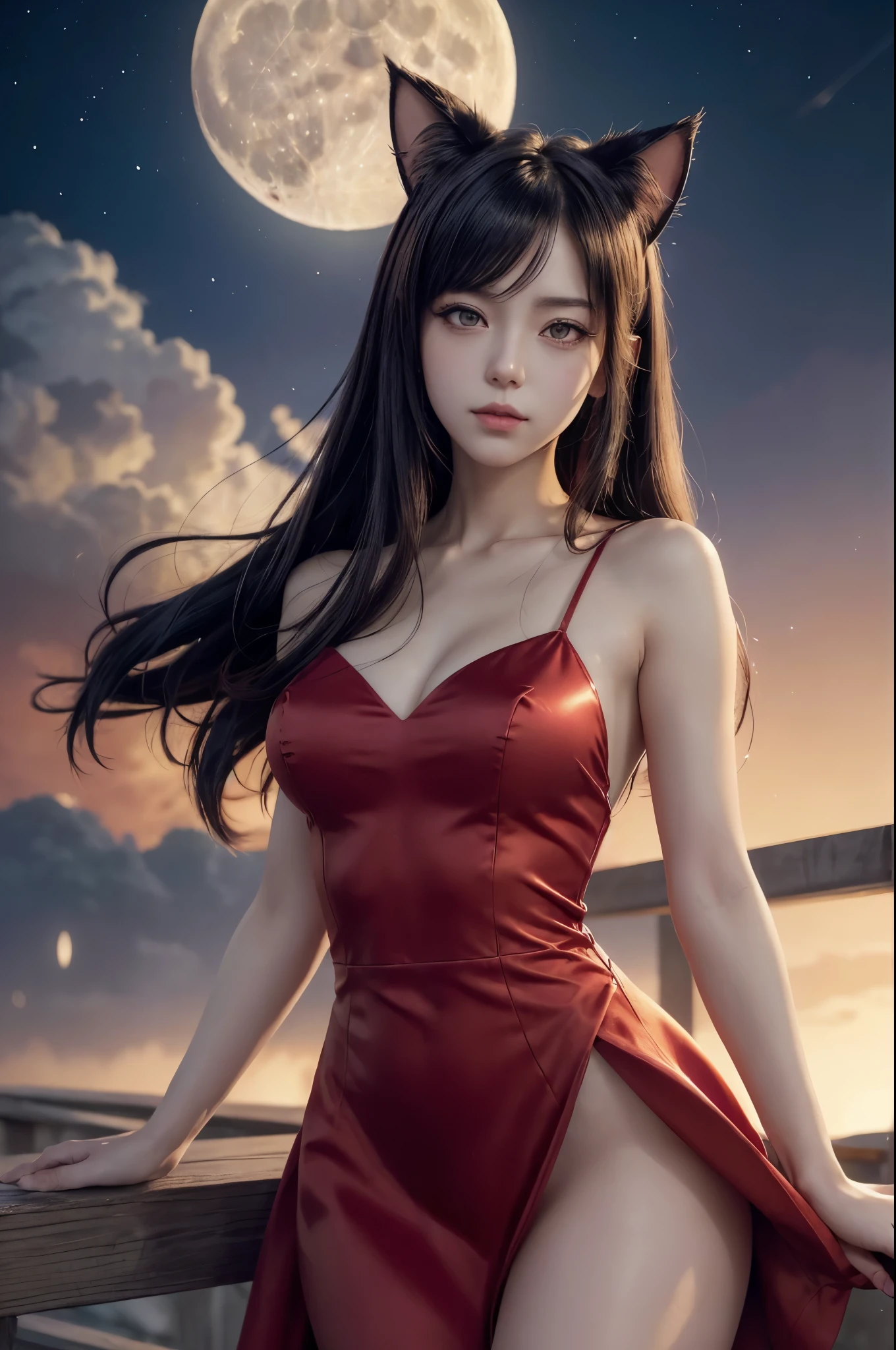[((A woman with cat ears and a red dress is posing in front of a full moon. The image is rendered in an extremely detailed and seductive anime style, inspired by the works of Artgerm, Alena Aenami, and Ryuko Matoi. The woman has an alluring and beautiful appearance, with a focus on her cat ears, red dress, and the full moon in the background. The overall effect is that of a stunning and captivating anime illustration, with a sense of beauty and seduction.)))]
