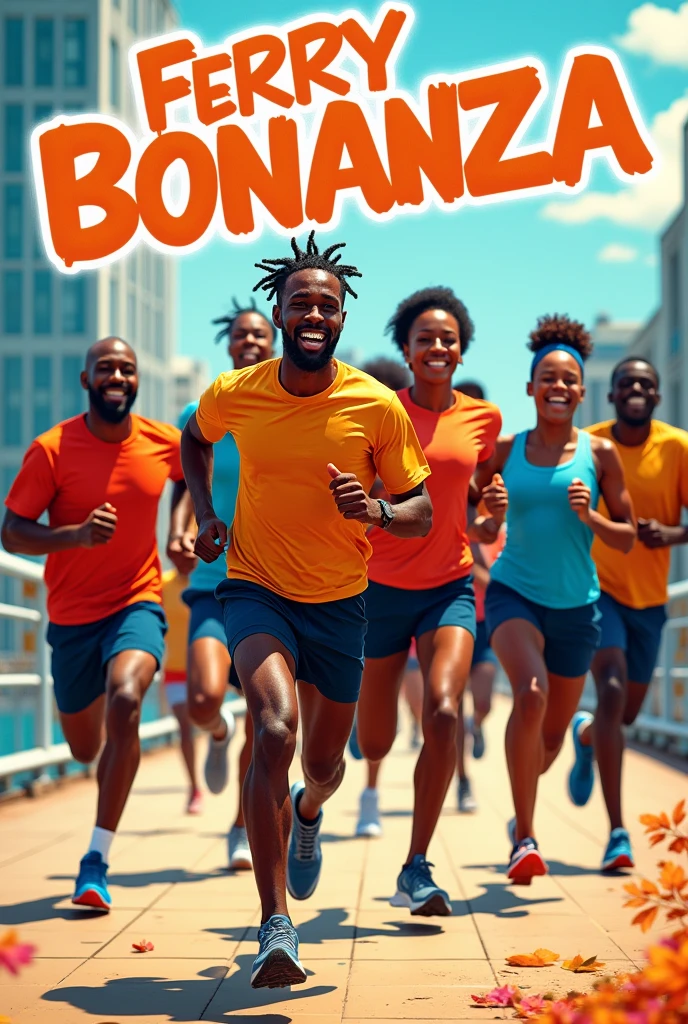 Create a poster with the details. FERRY BONANZA as the heading, 08.9.2024 as date with African men an woman jogging with byline @CHOGO