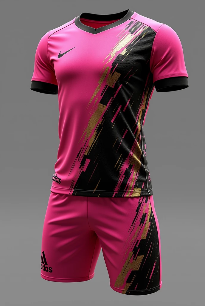 Make me a soccer uniform with a spectacular design with pink and black colors and with gold details