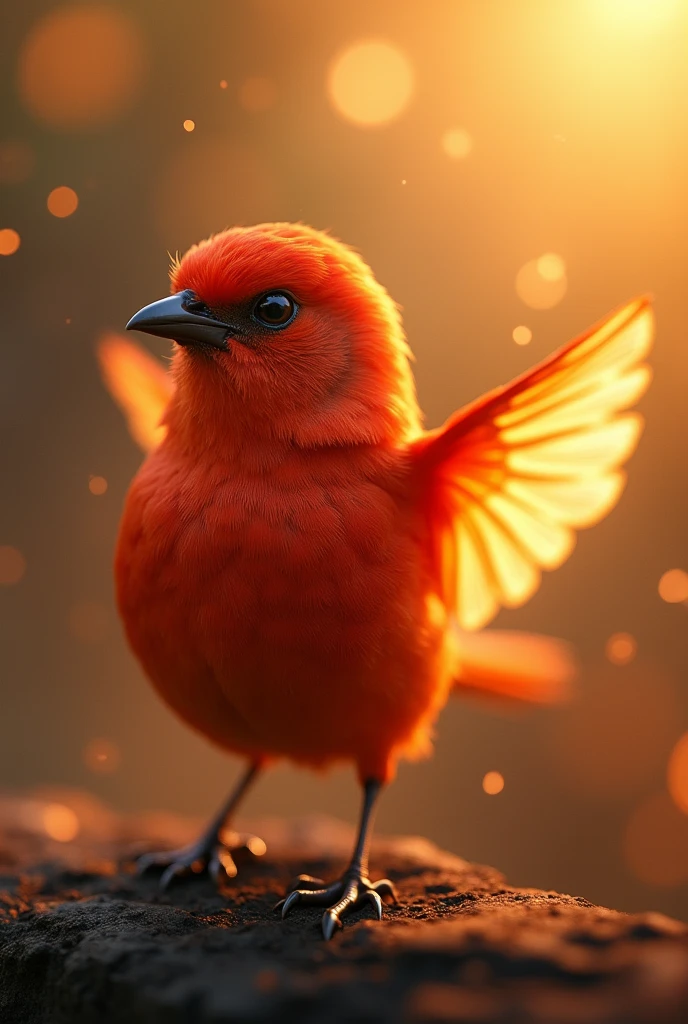 Fascinating close-up portrait of a beautiful little bird in soft light, Golden light of a quiet morning, The vibrant bokeh balls gently frame the delicate shape.. , The little bird is a beautiful, fiery red.., Extremely realistic photos, Beautiful and mysteriously luminous wings,