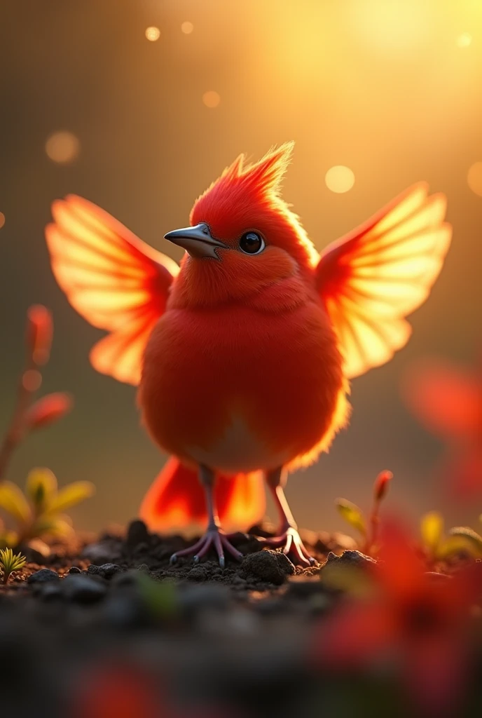 Fascinating close-up portrait of a beautiful little bird in soft light, Golden light of a quiet morning, The vibrant bokeh balls gently frame the delicate shape.. , The little bird is a beautiful, fiery red.., Extremely realistic photos, Beautiful and mysteriously luminous wings,