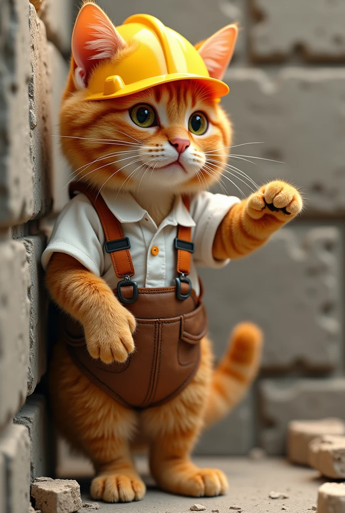 Cute close-up of an orange cat building a wall., In the building, complicated details, ((The crafty cat)) ,Two-legged standing,white shirt, Standing on two legs,Intention,Work clothes,แมวใส่Work clothesก่อสร้าง,Engineer suit,Yellow hat,Engineer's hat