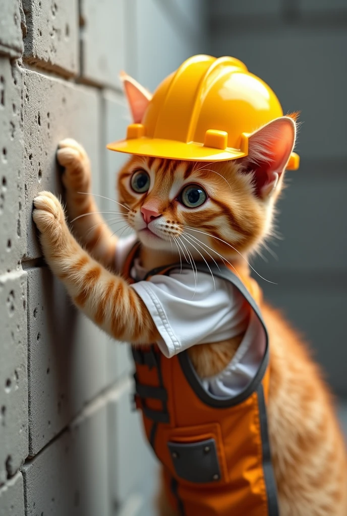 Cute close-up of an orange cat building a wall., In the building, complicated details, ((The crafty cat)) ,Two-legged standing,white shirt, Standing on two legs,Intention,Work clothes,แมวใส่Work clothesก่อสร้าง,Engineer suit,Yellow hat,Engineer&#39;s hat