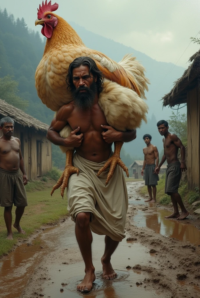 Create a dramatic scene of Jesus Christ struggling to carry a giant chicken up a muddy, rural road in a mountainous village. The sky is overcast, reflecting his effort and suffering. Jesus is visibly sweating and tears are streaming down his face. Villagers are watching him with expressions of awe and concern. The road is rough and the village is rustic, with simple, traditional houses in the background."