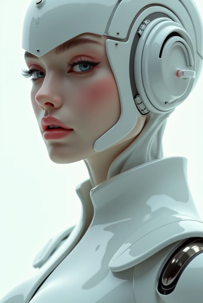 a close up of a woman in a futuristic suit posing, cyberpunk art inspired by Marek Okon, trending on Artstation, digital art, gynoid cyborg body, biomechanical oppai, oppai cyberpunk, girl in mecha cyber armor, beutiful white girl cyborg, in white futuristic armor, cybersuit, gynoid body, perfect cyborg woman