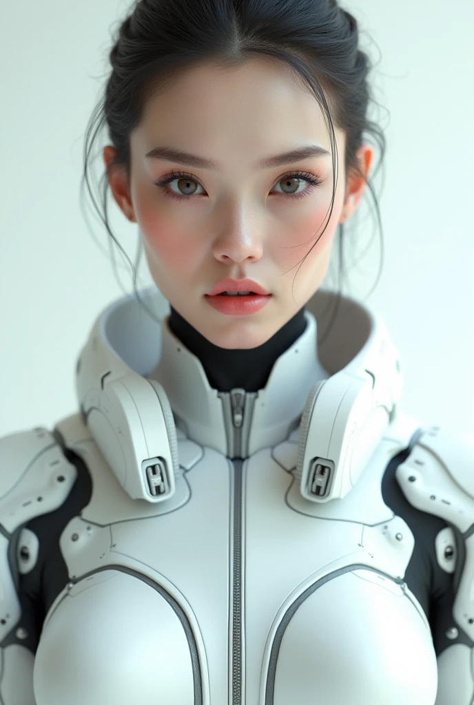 a close up of a woman in a futuristic suit posing, cyberpunk art inspired by Marek Okon, trending on Artstation, digital art, gynoid cyborg body, biomechanical oppai, oppai cyberpunk, girl in mecha cyber armor, beutiful white girl cyborg, in white futuristic armor, cybersuit, gynoid body, perfect cyborg woman