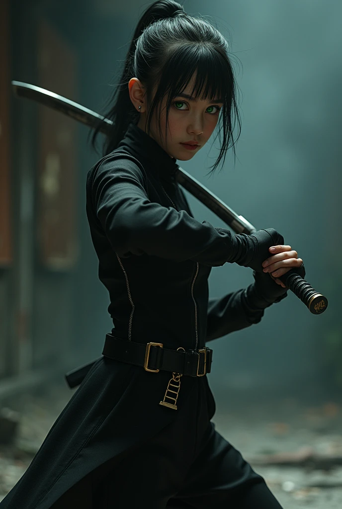 a teenage, featuring , featuring olhos verdes, holding a katana wearing a black outfit