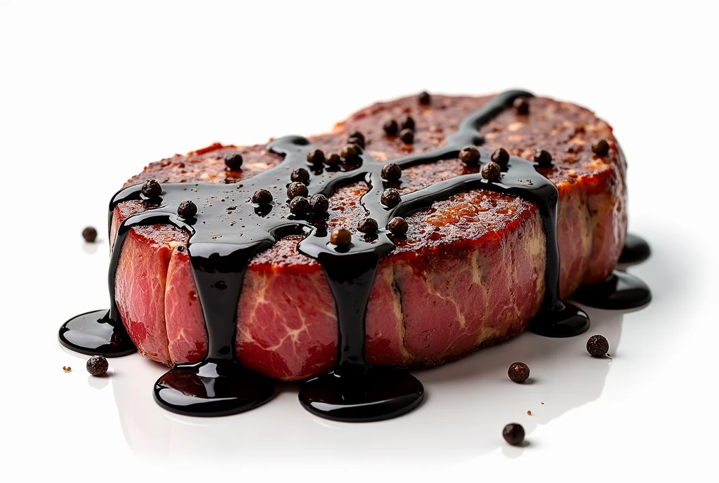 Create a hyper-realistic, clean image of a steak with a hot, fresh appearance. The steak should have black pepper sauce on top, with some of the sauce dripping down the sides. Ensure that the final image has a plain white background for clarity and focus. Use medium contrast to highlight the textures and details of the steak and sauce, ensuring a visually striking and appetizing presentation.