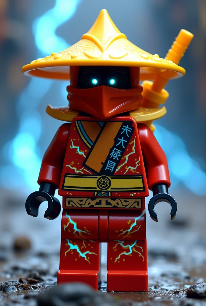 Créer moi un lego ninja go en lego le premier maitre du spijisufuturiste de la dernière puissance dimensionaire un ninja de titane avec un chapeau de paille pointu en jaune sur la tête noir et un masque de couleur rouge profond, gris, jaune clair sur la tête et un petit bandeau en forme de rond orange rouge profond autour de la bouche, avec une peau sombre noir et il faut des traces d’électricité jaune et bleu foncé dans le visage et un regard terrible de noirceur avec des yeux ridé en rouge fonce profond brillant avec une puissance incroyable avec comme puissance élémentaire l’électrique, l’énergie, la terre, le feu, la glace. Les habits du ninja doit être en rouge anthracite, jaune clair et golden suprême et fer anthracite avec des reure en forme d’électricité bleu clair et jaune brillant et des écritures japonaises et le parchemin du spinjisu interdit ninjago en golden. Un ninja imbattable monstrueux beaucoup trop puissant qui contrôle tous les pouvoirs élémentaires. Le ninjadoit être destructeur et soif de victoire un gentil et mechant avec un sabre dans le dos