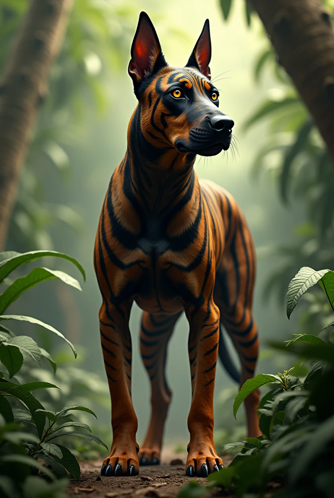 A mix of a Doberman and a Bengal Tiger