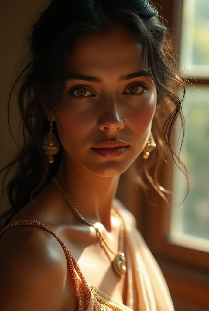 A beautiful young Indian girl, detailed portrait, transparent saree, no blouse, wet body, clean forehead, intense gaze, intricate jewelry, soft skin, delicate features, natural lighting, photorealistic, 8k, hyperdetailed, cinematic, dramatic lighting, warm color palette, fine art portrait