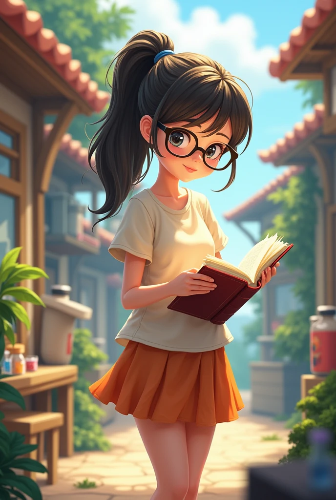 A town young big girl with specs and tied hair in a ponytail wearing tshirt and mini skirt. Doing science experiment by reading science book