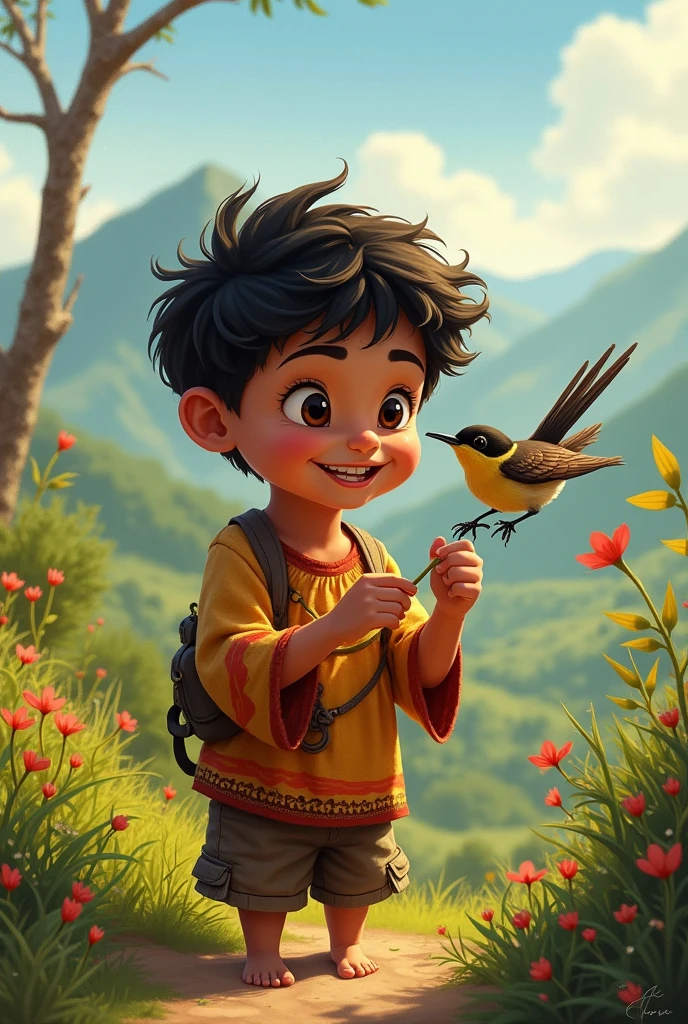 Peruvian boy playing with the bird Mimus longicaudatus