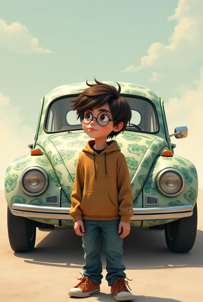 A car will be painted in a dollar design and the card will feature a boy standing in front with long hair and glasses.