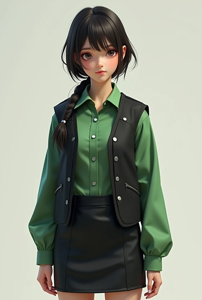 A girl with a long-sleeved green shirt and a tight black closed vest and a black skirt