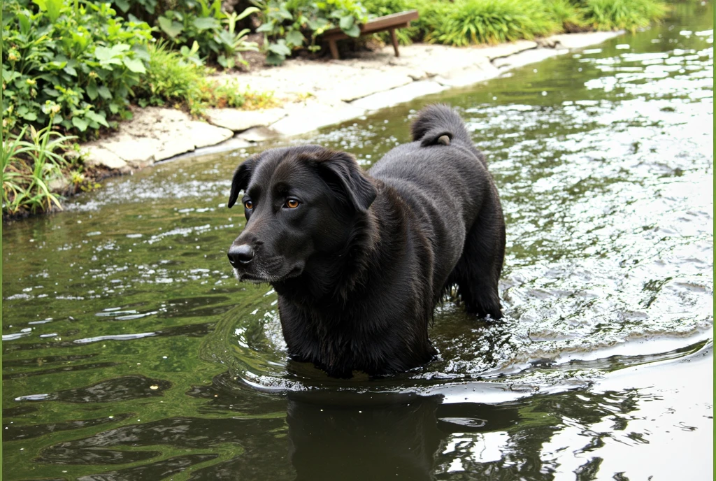 there is a Picasso style black dog that is standing in the water, dog, at the waterside, black dog, a handsome, in a pond, in the water, a dog, river in front of him, the photo shows a large, bear, labrador, menacing!, playing with the water, emerging from the water, wet fur, handsome, nice face
