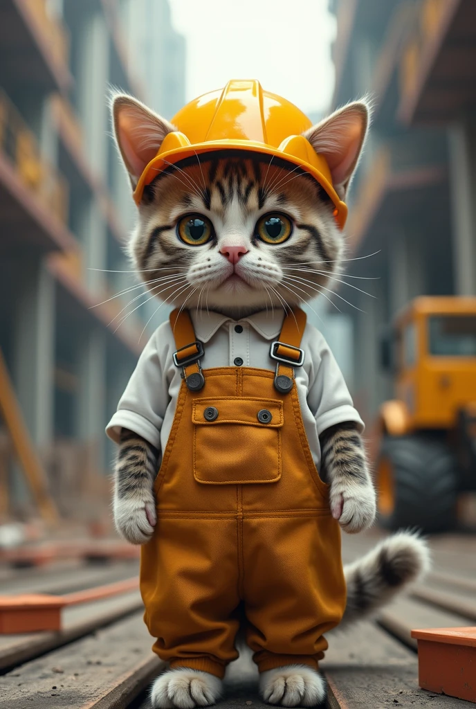 Cute close-up photo of an orange construction cat., In the building, complicated details, ((The crafty cat)) ,Two-legged standing,white shirt, Standing on two legs,Intention,Work clothes,แมวใส่Work clothesก่อสร้าง,Engineer suit,Yellow hat,Engineer&#39;s hat