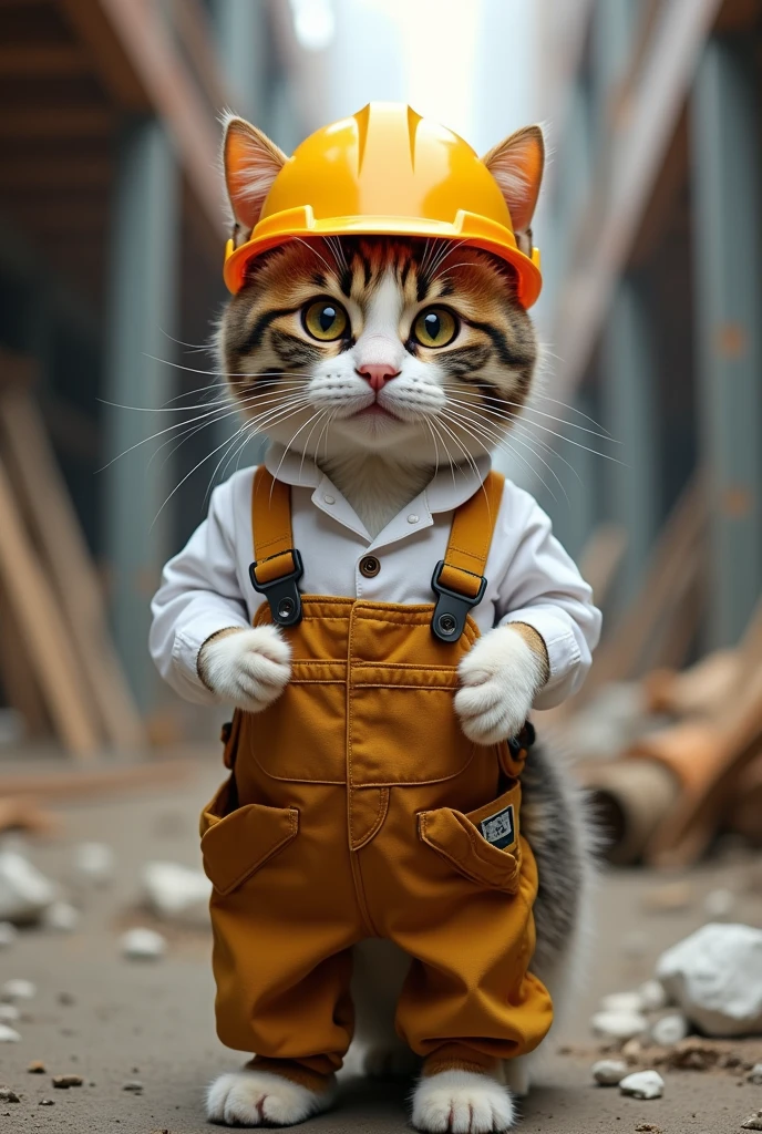 Cute close-up photo of an orange construction cat., In the building, complicated details, ((The crafty cat)) ,Two-legged standing,white shirt, Standing on two legs,Intention,Work clothes,แมวใส่Work clothesก่อสร้าง,Engineer suit,Yellow hat,Engineer&#39;s hat