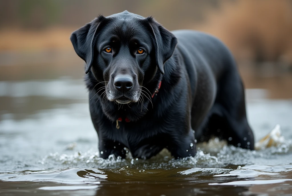 there is a Picasso style black dog that is standing in the water, dog, at the waterside, black dog, a handsome, in a pond, in the water, a dog, river in front of him, the photo shows a large, bear, labrador, menacing!, playing with the water, emerging from the water, wet fur, handsome, nice face
