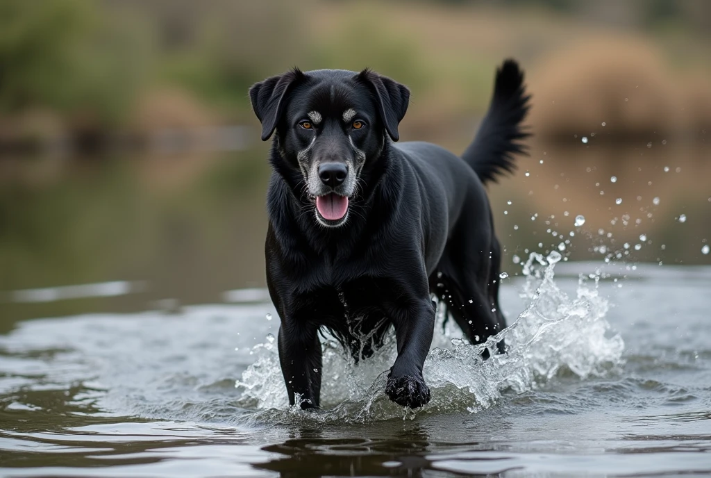 there is a Picasso style black dog that is standing in the water, dog, at the waterside, black dog, a handsome, in a pond, in the water, a dog, river in front of him, the photo shows a large, bear, labrador, menacing!, playing with the water, emerging from the water, wet fur, handsome, nice face
