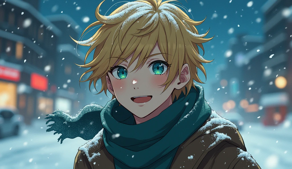 Young man, , with golden pastel blonde hair, skin fair, blue-green heterochromia in the eyes, one eye of each color, crystal blue left eye and aqua green right eye, medium hair flying to the side, messy bangs flying to the side, coat and scarf flying, snow on the street and on clothes, snowy city in the background, stary night, strong wind making clothes and hair fly in the same direction, slightly happy expression, surprise, close no rosto, front angle, 2D Anime. FULL HD, ultra detaild