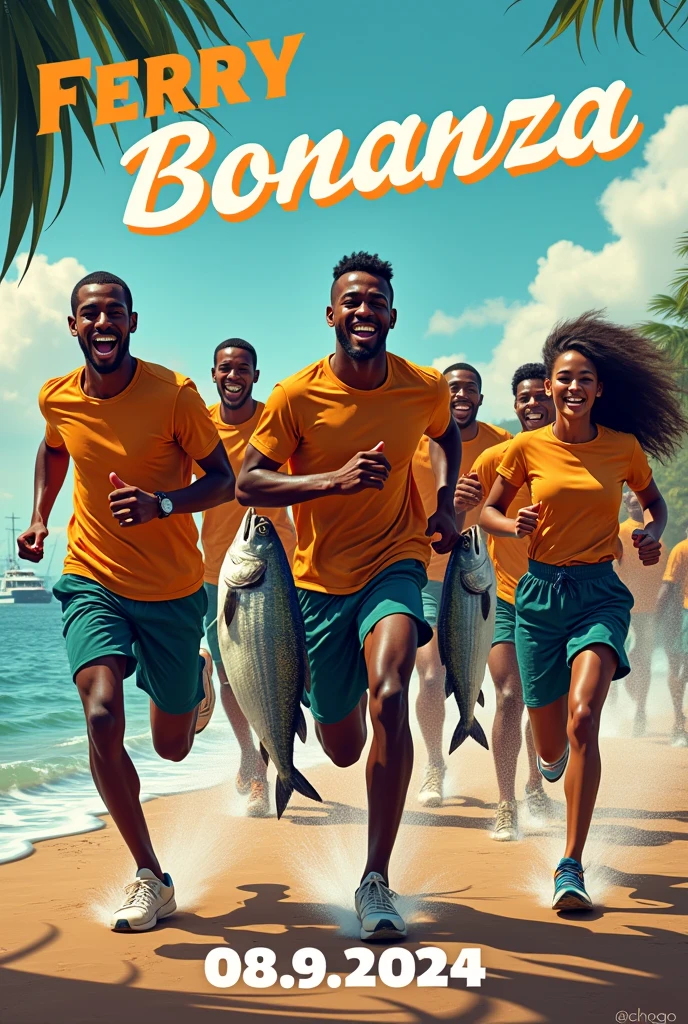 Create a poster with the details. FERRY BONANZA as the heading, 08.9.2024 as date with African men an woman jogging holding fish with byline @CHOGO