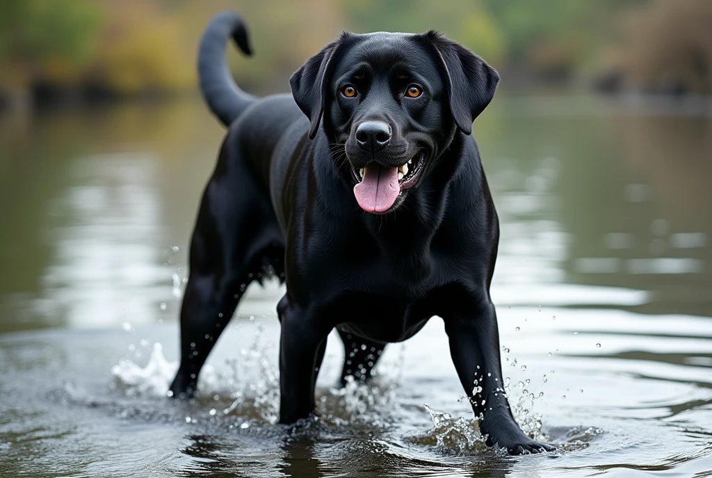 there is a Picasso style black dog that is standing in the water, dog, at the waterside, black dog, a handsome, in a pond, in the water, a dog, river in front of him, the photo shows a large, bear, labrador, menacing!, playing with the water, emerging from the water, wet fur, handsome, nice face