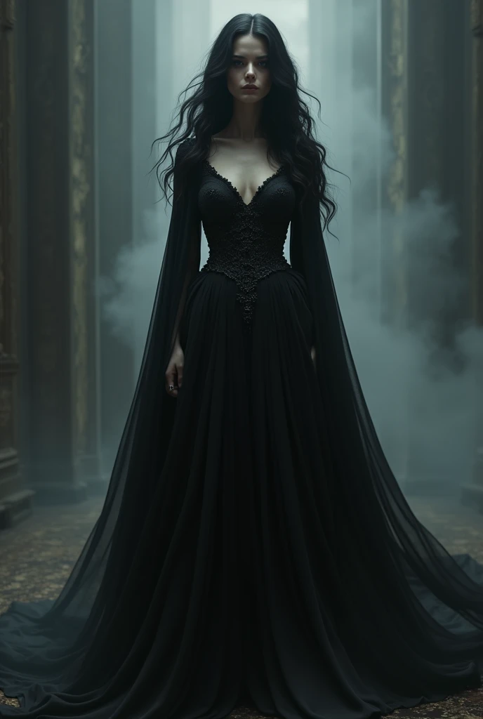 I want a queen dressed in black with onyx hair and her face covered in shadows