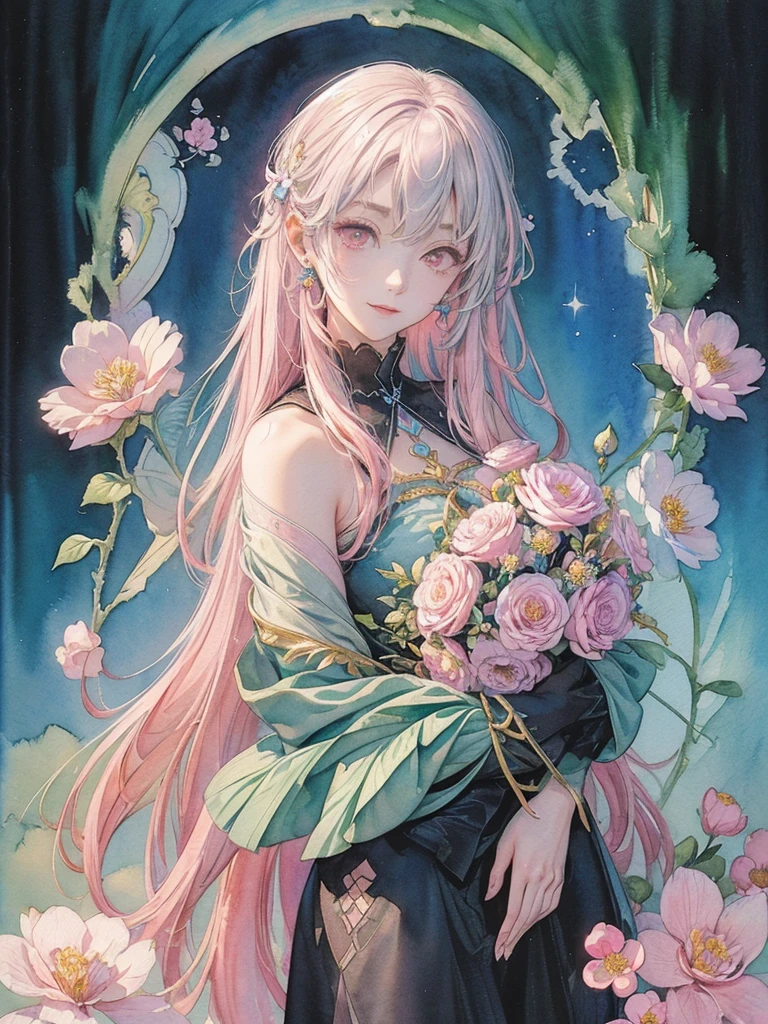 green Best Photos、An illustration、detailed、(Watercolor:1.4)、(Hand-drawn:1.2)、(Watercolor brush bristles)、 masterpiece: 1.7, Highest quality、solo、Show me your back、Picturesque、sketch、Paper Texture、Ultra-high resolution、extra detailedd face、Highly detailedd eyes、Flat Color、Limited palette、High Contrast、Realisticな、Best lighting、goddess、elegant、Leprechaun、Mature Woman、Beautiful woman、Jewel Eyes、Gray Hair、Straight hair、Blue Gem、Smile a little、Blanche:1.5、(Tangleた、And Mandalas、Tangle、Intertwined:1)、Background Flowers、Lots of flowers、(((Stickers))), Exquisite detail, Highest qualityの8K解像度, 非常にdetailedな, Realistic, Vibrant colors, Soft tones, Warm and gentle lighting, (Beautiful Gothic Black Dress, Cute pink ribbon, Beautiful frills:1.2),(Sleek and straight pink hair:1.2),(Hair parted in the middle:1.2),(Shiny Hair),(Pink Eyes:1.3),Garden Girl,With overflowing softness and kindness,Visible and tangible emotions,(The promenade is full of flowers:1.3), Create colorful reflections.The sun shines with joy and pure love, Casts a warm golden glow on the girl's face,Freed from the troubles of this world. The atmosphere is full of happiness and laughter, It's like heaven、As if celebrating love,デジタルAn illustrationと写真を組み合わせて作成する, 超高精細な描写とVibrant colorsにこだわる. A style that combines romanticism and realism、You can feel the depth of love. The color palette consists of soft pastel tones., Creates a dreamy and fantastical atmosphere. The lighting is soft and diffuse, Put a gentle light on your face,この作品はmasterpieceだ,