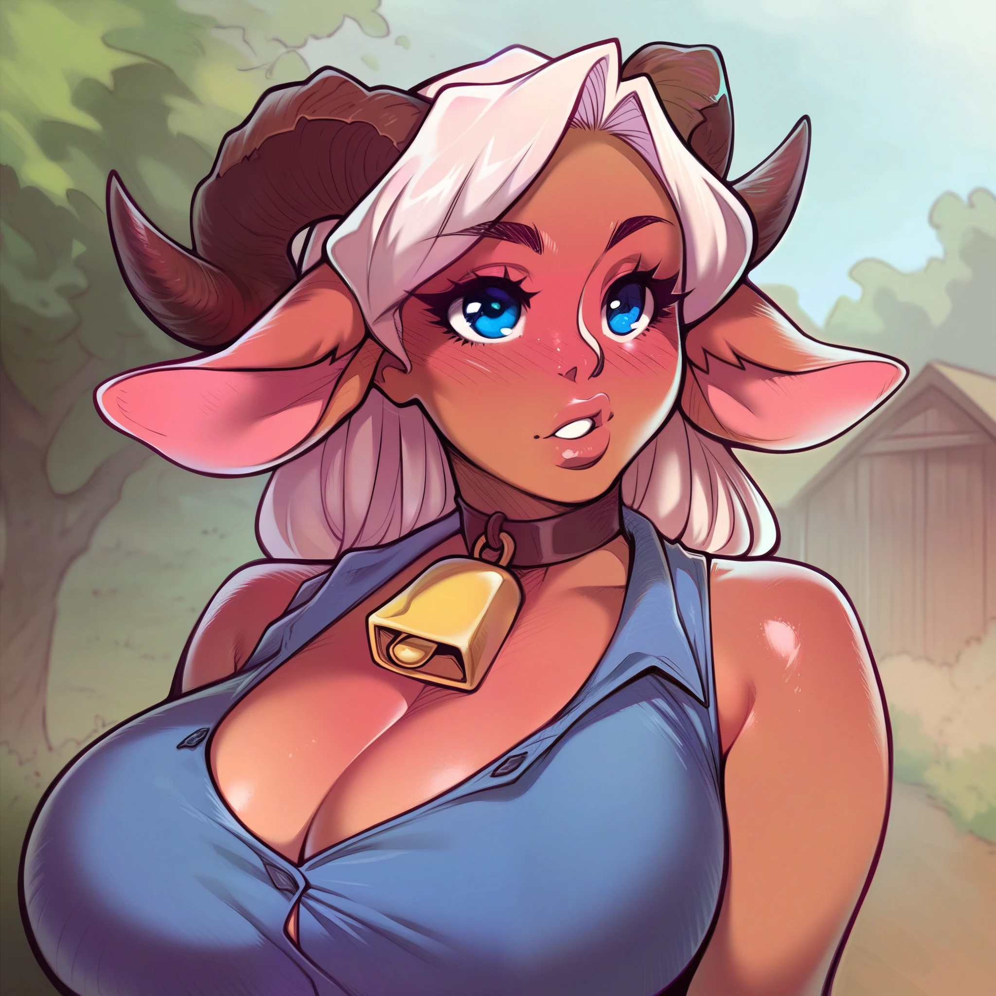Create an illustrated, hand-drawn, full-color image of an humanoid, hybrid, anthropomorphic, sexy bovine woman. The artwork should be rendered in the style of "Breath of the Wild," featuring warm lighting and shadows. Include graphite shading, stencil marks, and airbrushed acrylic paint effects. The image should be of the highest quality, a masterpiece with intricate details. cow nose, cow ears.
The bovine woman should have a female, humanoid, appearance. She should have luscious lips, a wide smile, and bright, expressive eyes, exuding beauty, cuteness, and adorableness. Ensure the image is high resolution and sharply detailed, with a detailed and vibrant background. Scarlett Johanson, Alison Brie, Dove Cameron
Incorporate mystical lighting in the background, creating a romantic and enchanting atmosphere.