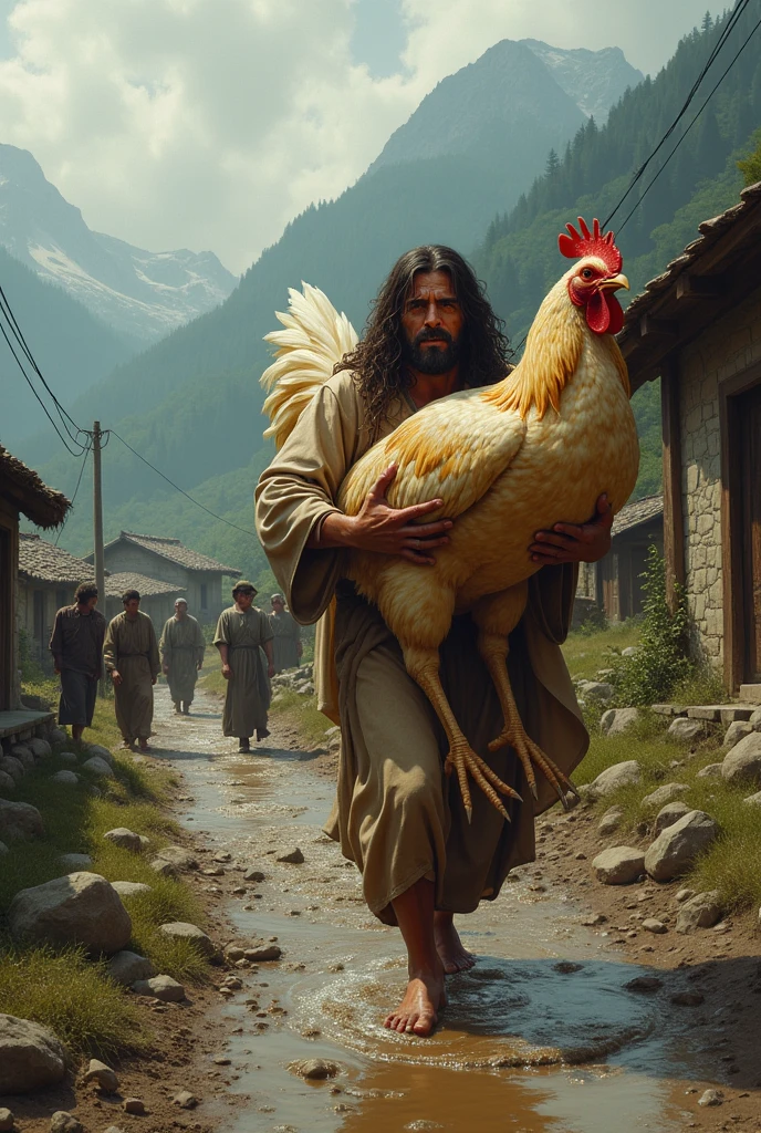 Create a dramatic scene of Jesus Christ struggling to carry a giant chicken  up a muddy, rural road in a mountainous village. The sky is overcast, reflecting his effort and suffering. Jesus is visibly sweating and tears are streaming down his face. Villagers are watching him with expressions of awe and concern. The road is rough and the village is rustic, with simple, traditional houses in the background."