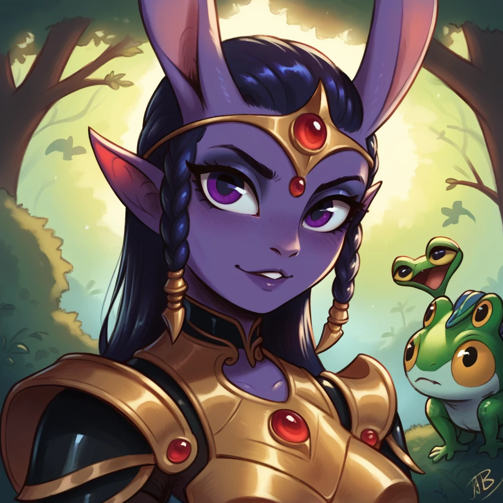 t72b, score_9, score_8_up, score_7_up, score_6_up, tree frog, with vivid purple  skin and ultra-purple eyes with rabbit ears in demonic armor
