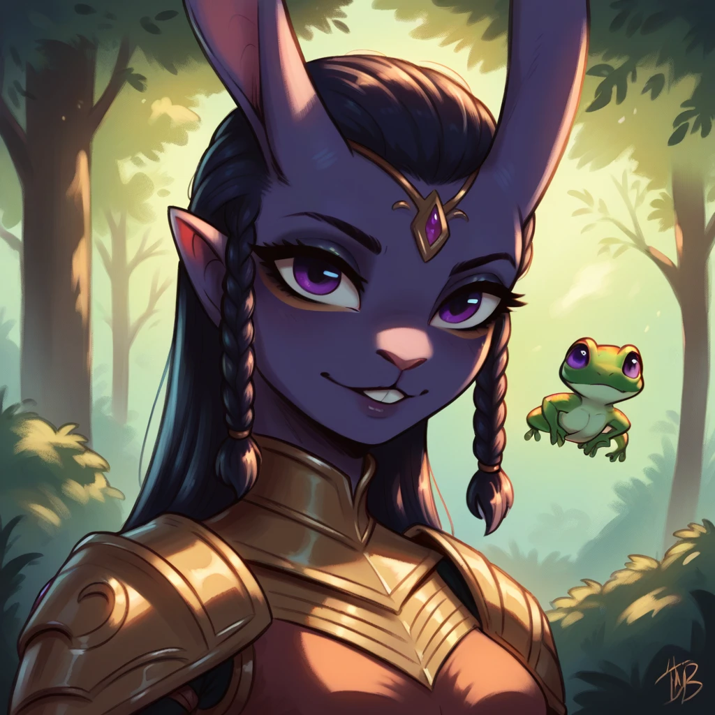 t72b, score_9, score_8_up, score_7_up, score_6_up, tree frog, with vivid purple  skin and ultra-purple eyes with rabbit ears in demonic armor
