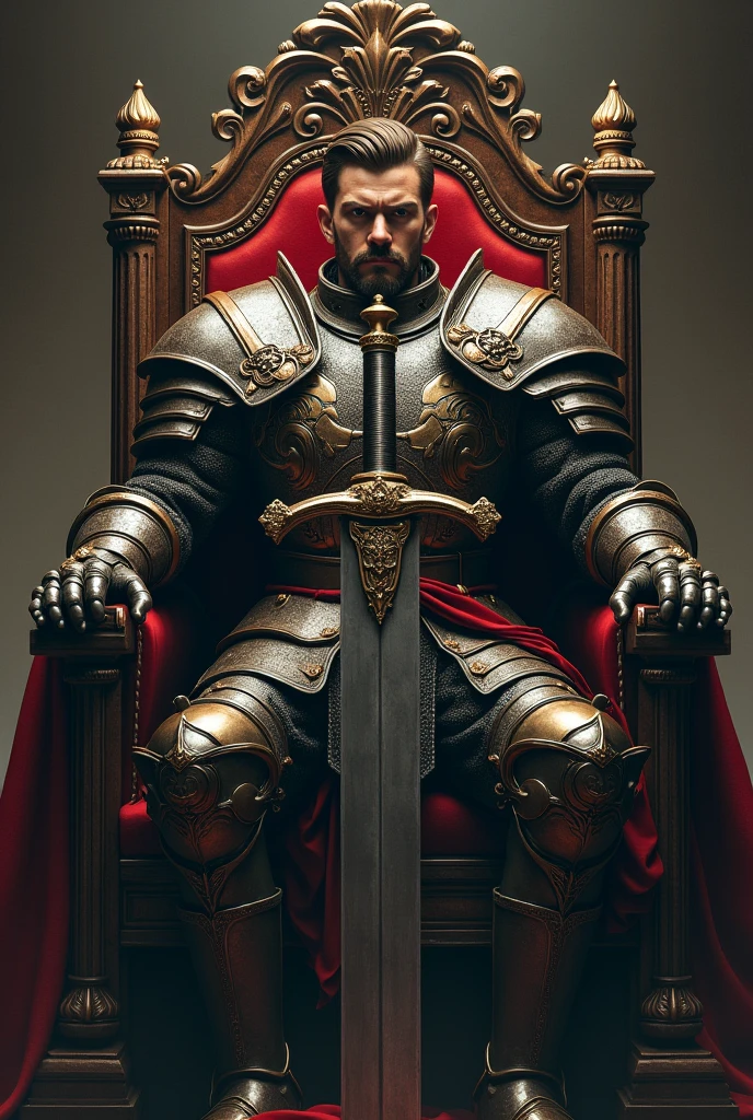 Handsome young guy use war armor with a big sword sitting on the throne