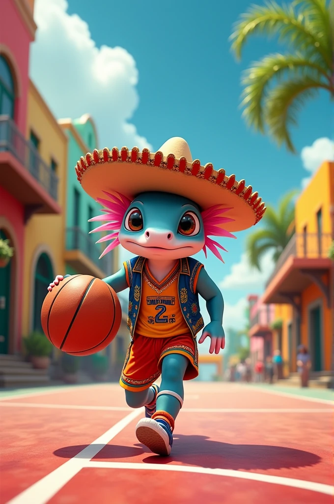 A basketball-playing axolotl in a Mexican uniform
