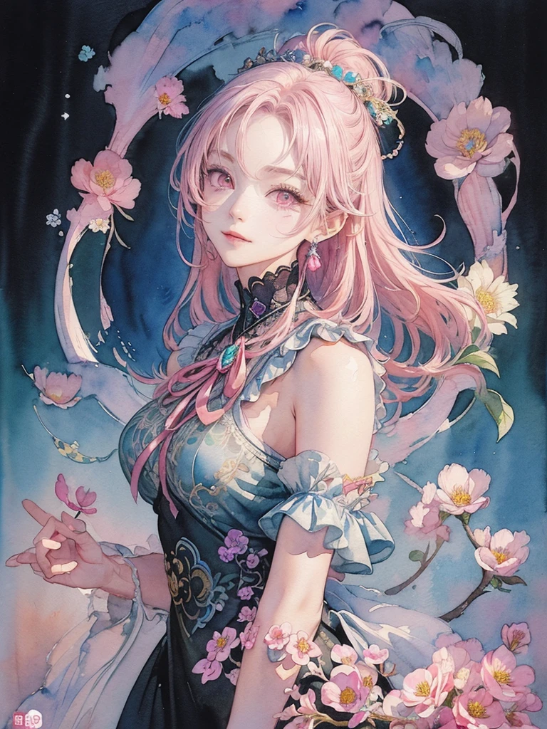 Best Photos、An illustration、detailed、(Watercolor:1.4)、(Hand-drawn:1.2)、(Watercolor brush bristles)、 masterpiece: 1.7, Highest quality、solo、Show me your back、Picturesque、sketch、Paper Texture、Ultra-high resolution、extra detailedd face、Highly detailedd eyes、Flat Color、Limited palette、High Contrast、Realisticな、Best lighting、goddess、elegant、Leprechaun、Mature Woman、Beautiful woman、Jewel Eyes、Gray Hair、Straight hair、Blue Gem、Smile a little、Blanche:1.5、(Tangleた、And Mandalas、Tangle、Intertwined:1)、Background Flowers、Lots of flowers、(((Stickers))), Exquisite detail, Highest qualityの8K解像度, 非常にdetailedな, Realistic, Vibrant colors, Soft tones, Warm and gentle lighting, (Beautiful Gothic Black Dress, Cute pink ribbon, Beautiful frills:1.2),(Sleek and straight pink hair:1.2),(Hair parted in the middle:1.2),(Shiny Hair),(Pink Eyes:1.3),Garden Girl,With overflowing softness and kindness,Visible and tangible emotions,(The promenade is full of flowers:1.3), Create colorful reflections.The sun shines with joy and pure love, Casts a warm golden glow on the girl&#39;s face,Freed from the troubles of this world. The atmosphere is full of happiness and laughter, It&#39;s like heaven、As if celebrating love,デジタルAn illustrationと写真を組み合わせて作成する, 超高精細な描写とVibrant colorsにこだわる. A style that combines romanticism and realism、You can feel the depth of love. The color palette consists of soft pastel tones., Creates a dreamy and fantastical atmosphere. The lighting is soft and diffuse, Put a gentle light on your face,この作品はmasterpieceだ,