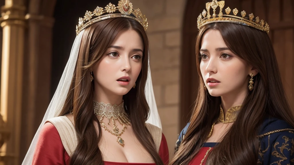 beautiful face, Queen of Medieval Spain, brown hair, Open your mouth and make a speech, angry