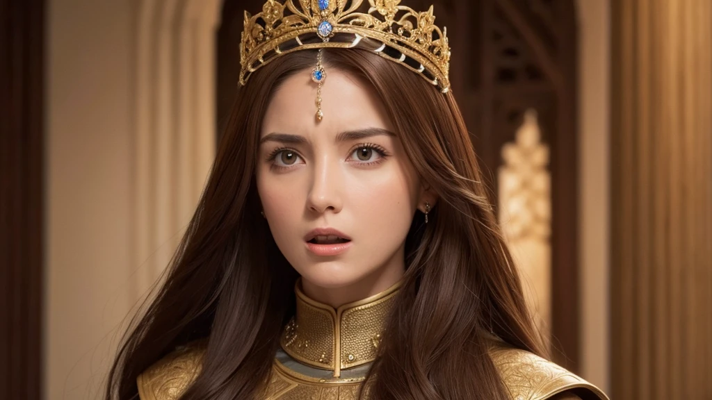 beautiful face, Queen of Medieval Spain, brown hair, Open your mouth and make a speech, angry
