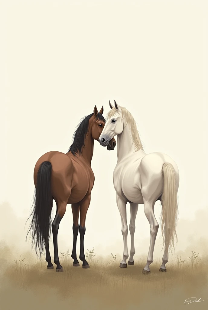 Minimalist landscape painting of two horses with their heads touching romantically