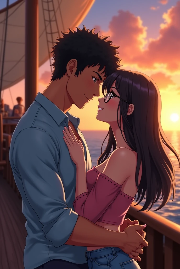 1 girl, wano style, smile tenderly, nicorobin, Long loose hair, straight hair, with glasses, look at the viewer, Pink strappy blouse with neckline, young, sexy, Upper part of the body, hugging 1 boy, high, strong muscular, young, wano style, Monkey D Luffy, very curly hair, curly hair, short hair, look at the viewer, smile tenderly, Brown eyes, Upper part of the body, light blue shirt, hugging the girl, ((masterpiece)), (Best Quality), (extremely detailed), depth of field, Sketch, Intensive dark shadows, Sharp focus quality, HdR, showy, Good composition, spectacular, anime screenshots, depth of field, pirate ship bottom, sunset at sea, one piece.