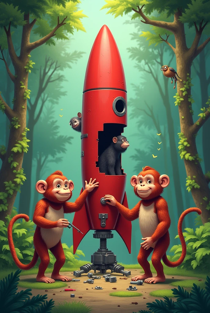 4 Astronaut Monkey Children in the middle of a forest repairing an abandoned red rocket , white max with redhead skinny and cute, silly a strong black gorilla, lili a brown monkey, tito a red-haired monkey who wears glasses